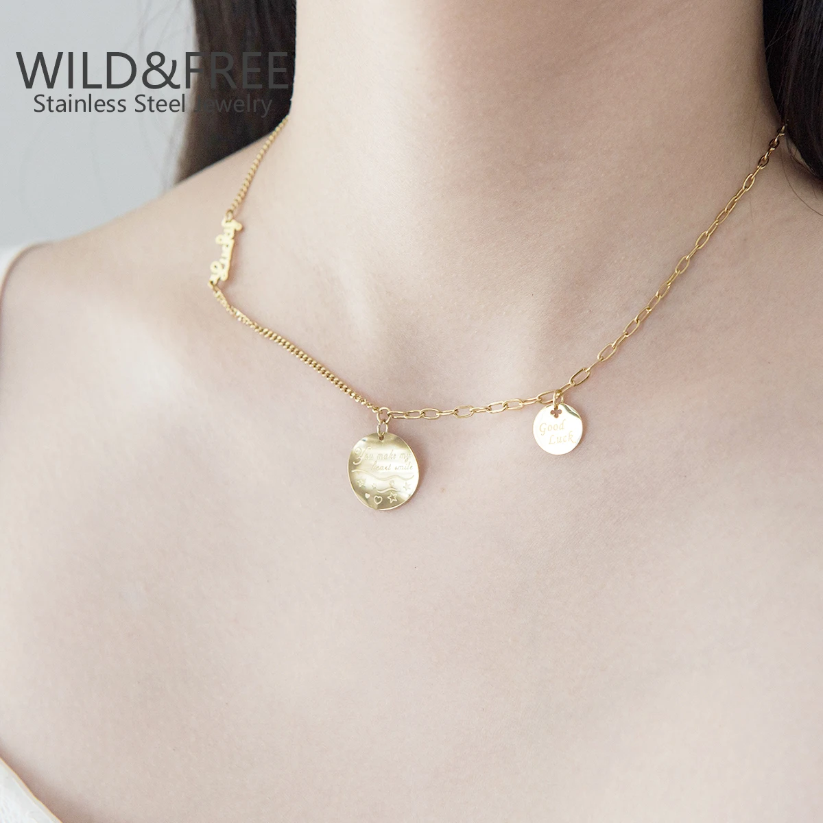 Wild & Free Trendy Stainless Steel Letter Lucky Necklace Gold Plated Women Neck Chain Party Jewelry Gift For Women Hot Sale
Wild & Free Trendy Stainless Steel Letter Lucky Necklace Gold Plated Women Neck Chain Party Jewelry Gift For Women Hot Sale