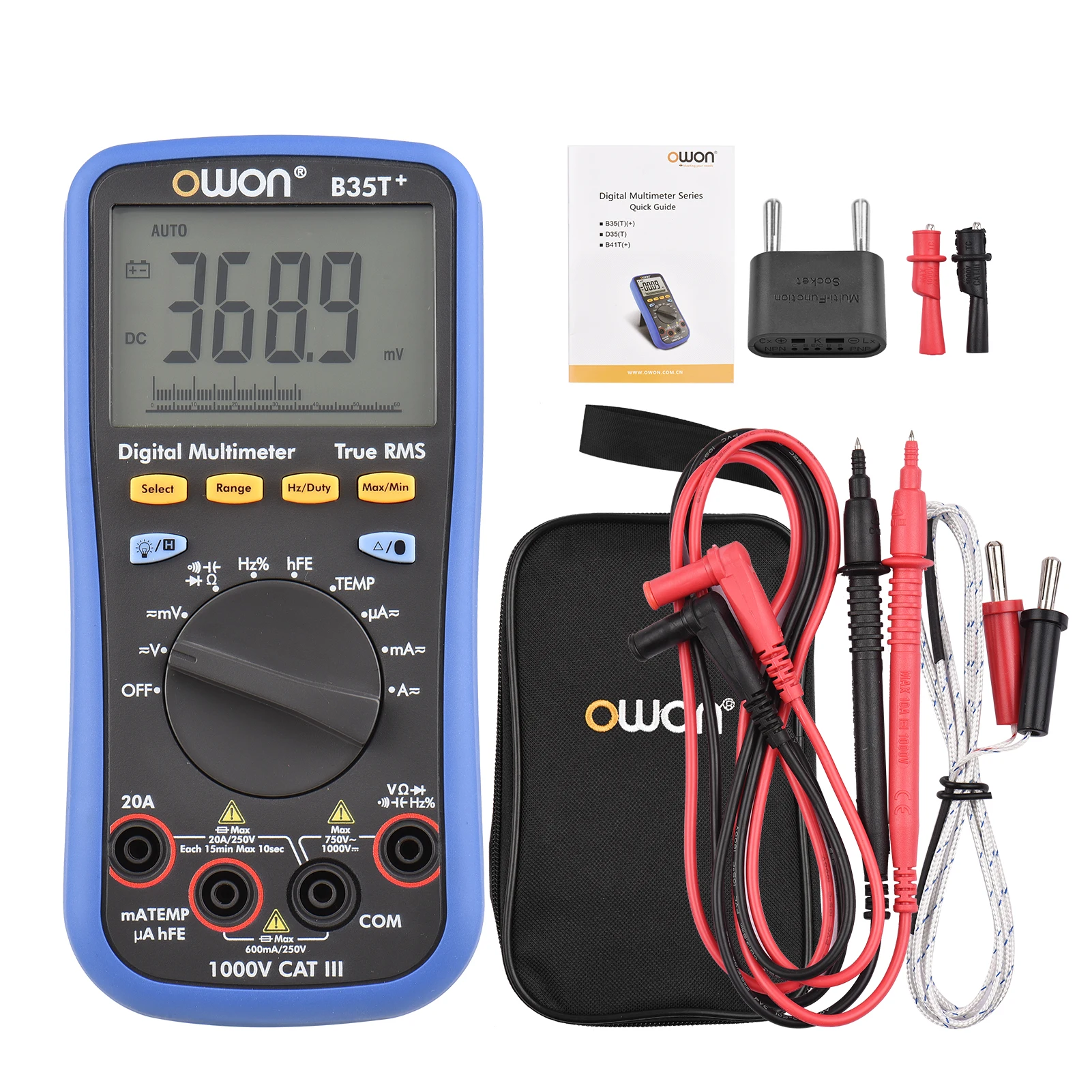 OWON B35T+ Digital BT Multimeter with Offline Record 6000 Counts True RMS Auto-ranging Electrical Tester Backlight LCD Screen
OWON B35T+ Digital BT Multimeter with Offline Record 6000 Counts True RMS Auto-ranging Electrical Tester Backlight LCD Screen