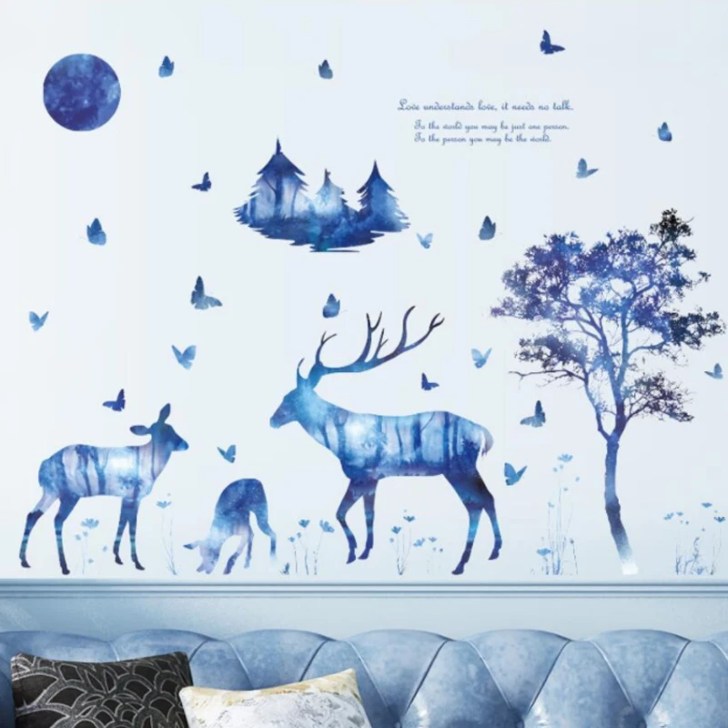 

Blue Dream Forest Deer Nordic Modern Living Room Bathroom Entrance TV Wall Decoration Wall Stickers