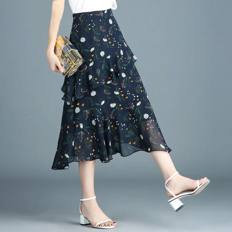 

Black Navy Chiffon Skirts For Women Spring Summer New Floral Skirts Chic Ladies High Waist Irregular Flapped Bud Skirts Stylish