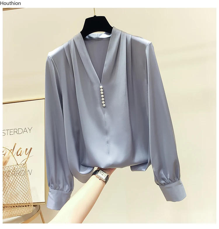 Houthion Chiffon Slim Women Blouses Fashion Long Sleeve Top Beaded V-neck Pullover Spring/Autumn New Casual Blouse Solid Color
Houthion Chiffon Slim Women Blouses Fashion Long Sleeve Top Beaded V-neck Pullover Spring/Autumn New Casual Blouse Solid Color