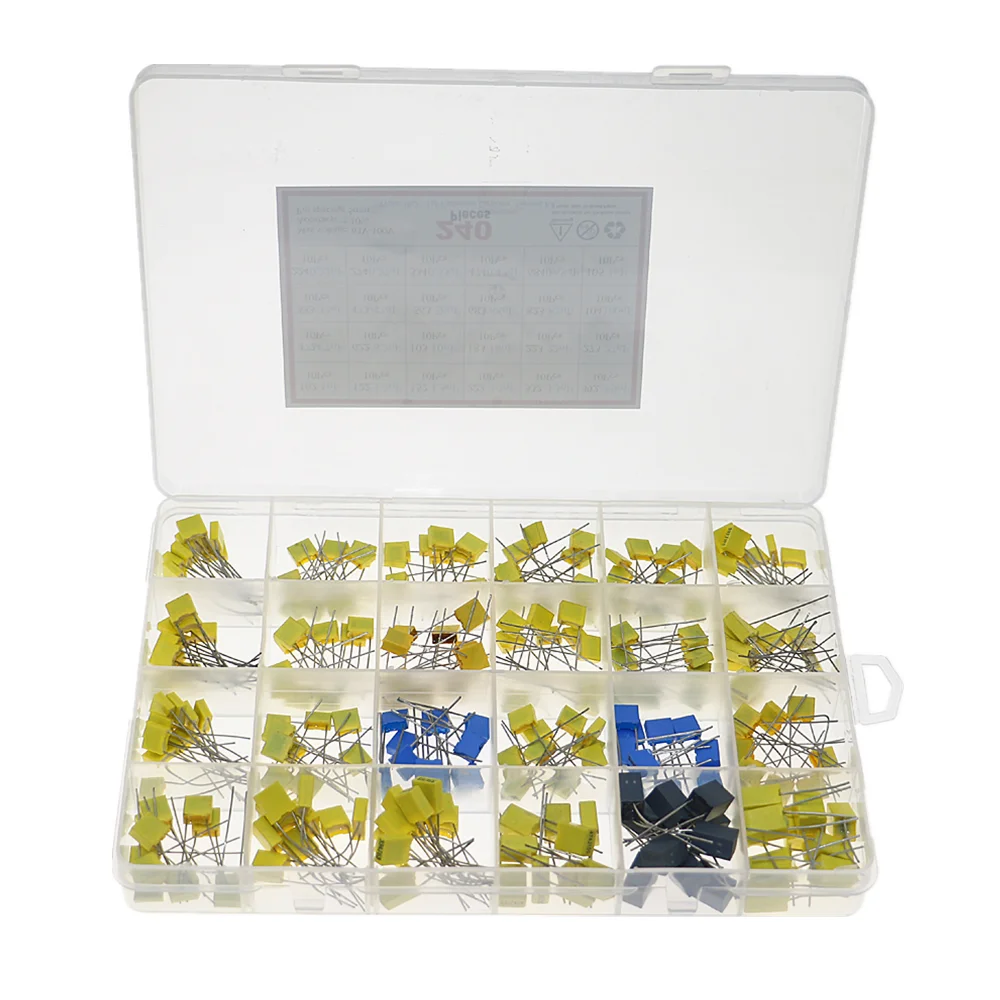 240pcs/BOX 63V 100V 24Value 1nF-1uF Correction capacitor package kit Polypropylene Safety Plastic Film Capacitor Kit
240pcs/BOX 63V 100V 24Value 1nF-1uF Correction capacitor package kit Polypropylene Safety Plastic Film Capacitor Kit