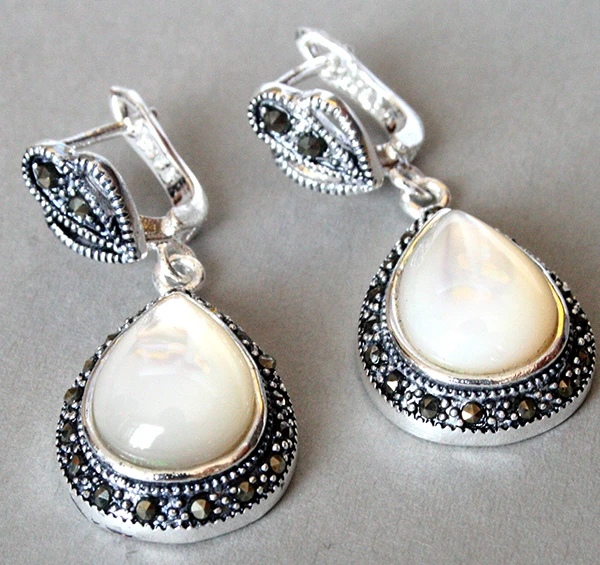 

unique lady's 925 Silver Natural White Sea Shell Marcasite Waterdrop Earrings 11/2"