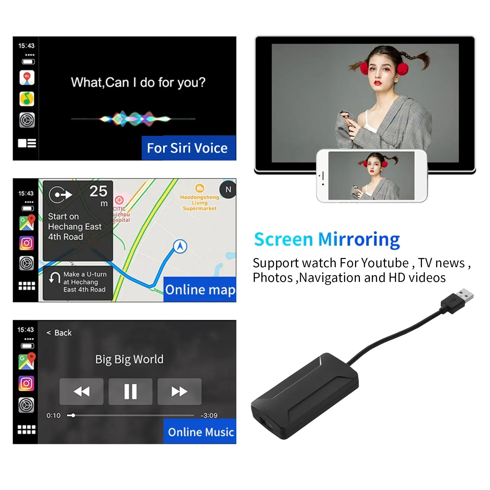 Voice Control Wired USB Car CarPlay Dongle Hands Free Screen Mirroring Navigation Adapter Module For Iphone IOS 7.1Siri Android 
Voice Control Wired USB Car CarPlay Dongle Hands Free Screen Mirroring Navigation Adapter Module For Iphone IOS 7.1Siri Android