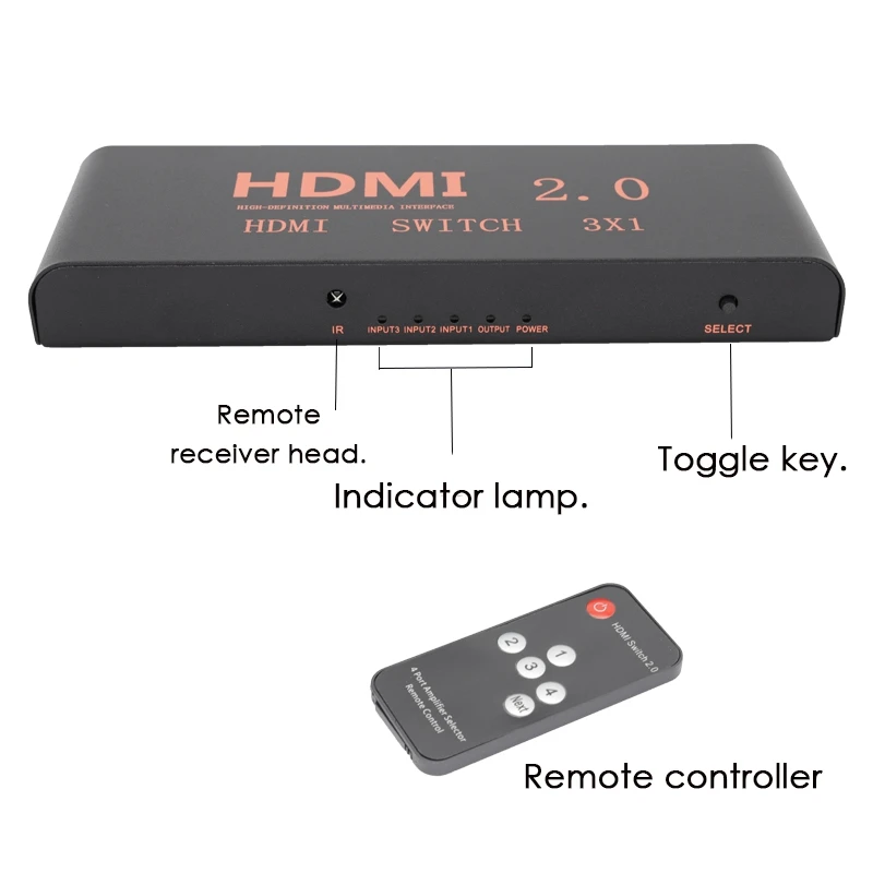 3 in 1 Out 2.0 Switcher 4K60HZ HD Switcher Supports Blu-Ray Input/3D Output/HDCP2.2/HDR Dynamic
3 in 1 Out 2.0 Switcher 4K60HZ HD Switcher Supports Blu-Ray Input/3D Output/HDCP2.2/HDR Dynamic