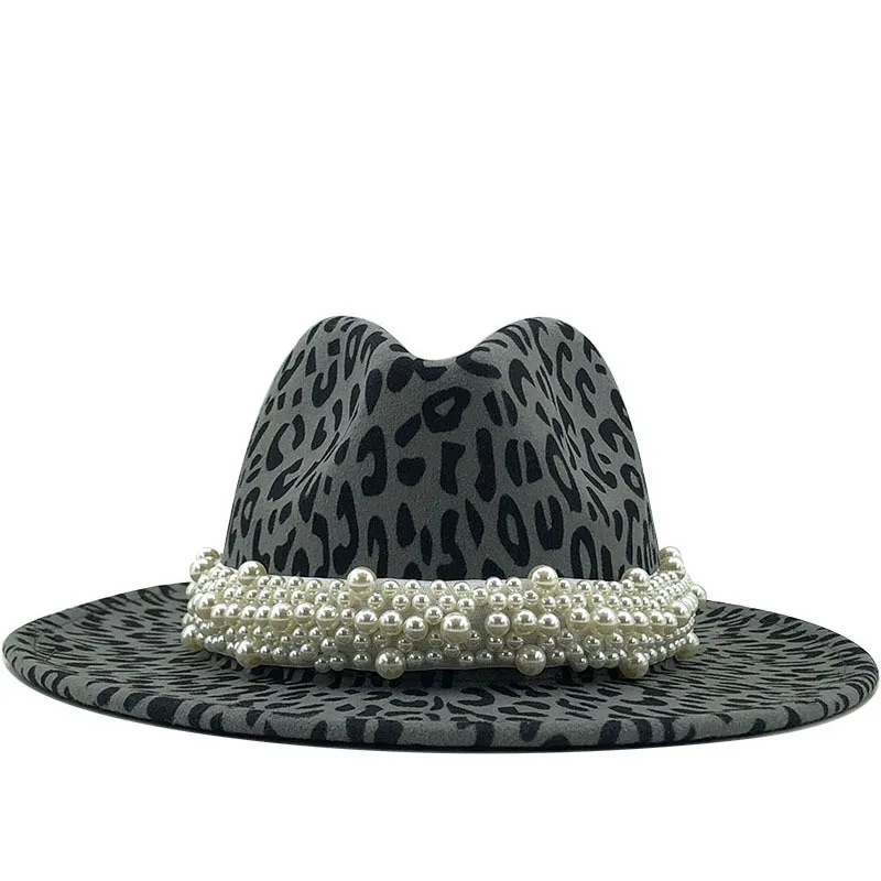 2020 New Women Men Leopard Print Wool Fedora Hat With pearl Elegant Lady Winter Autumn Wide Brim Jazz Cap 58cm
2020 New Women Men Leopard Print Wool Fedora Hat With pearl Elegant Lady Winter Autumn Wide Brim Jazz Cap 58cm