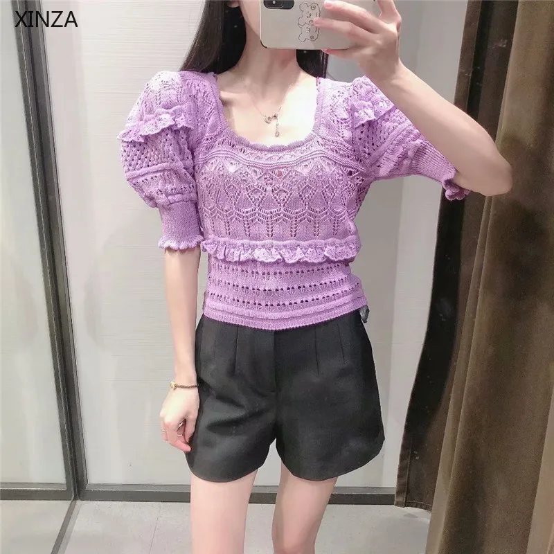 

2021 Za Women Ruffle Knitted Sweater Traf Purple Short Puff Sleeve Cutwork Cropped Knit Top Woman Fashion Embroidered Pullover