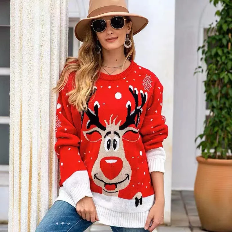 JUNWU Winter Women's Red Elk Snowflake Red Round Neck Long Sleeve Loose Striped Sweater Pullover Christmas Style
JUNWU Winter Women's Red Elk Snowflake Red Round Neck Long Sleeve Loose Striped Sweater Pullover Christmas Style