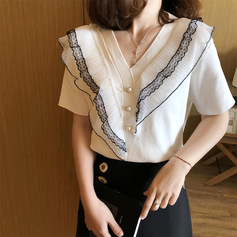 Knitting Sweaters Women Summer New Short Sleeve V Neck Loose Thin Knitwear Female Patchwork Lace Simple Casual Knitted Pullover
Knitting Sweaters Women Summer New Short Sleeve V Neck Loose Thin Knitwear Female Patchwork Lace Simple Casual Knitted Pullover