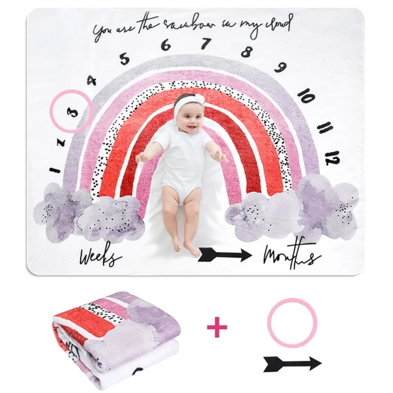 

97BC 1 Set Baby Monthly Record Growth Milestone Blanket Newborn Photography Props Accessories Creative Cartoon Rainbow Printing