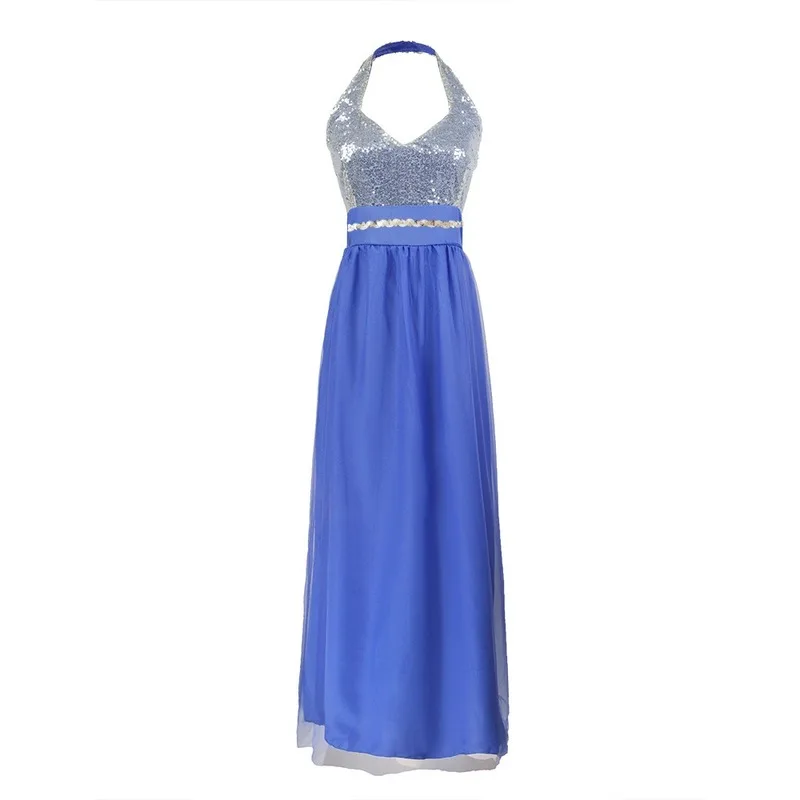 New Sequined Mesh Stitching Halter Backless Sexy Dress for Evening Party Blue Floor-Length Dress
New Sequined Mesh Stitching Halter Backless Sexy Dress for Evening Party Blue Floor-Length Dress