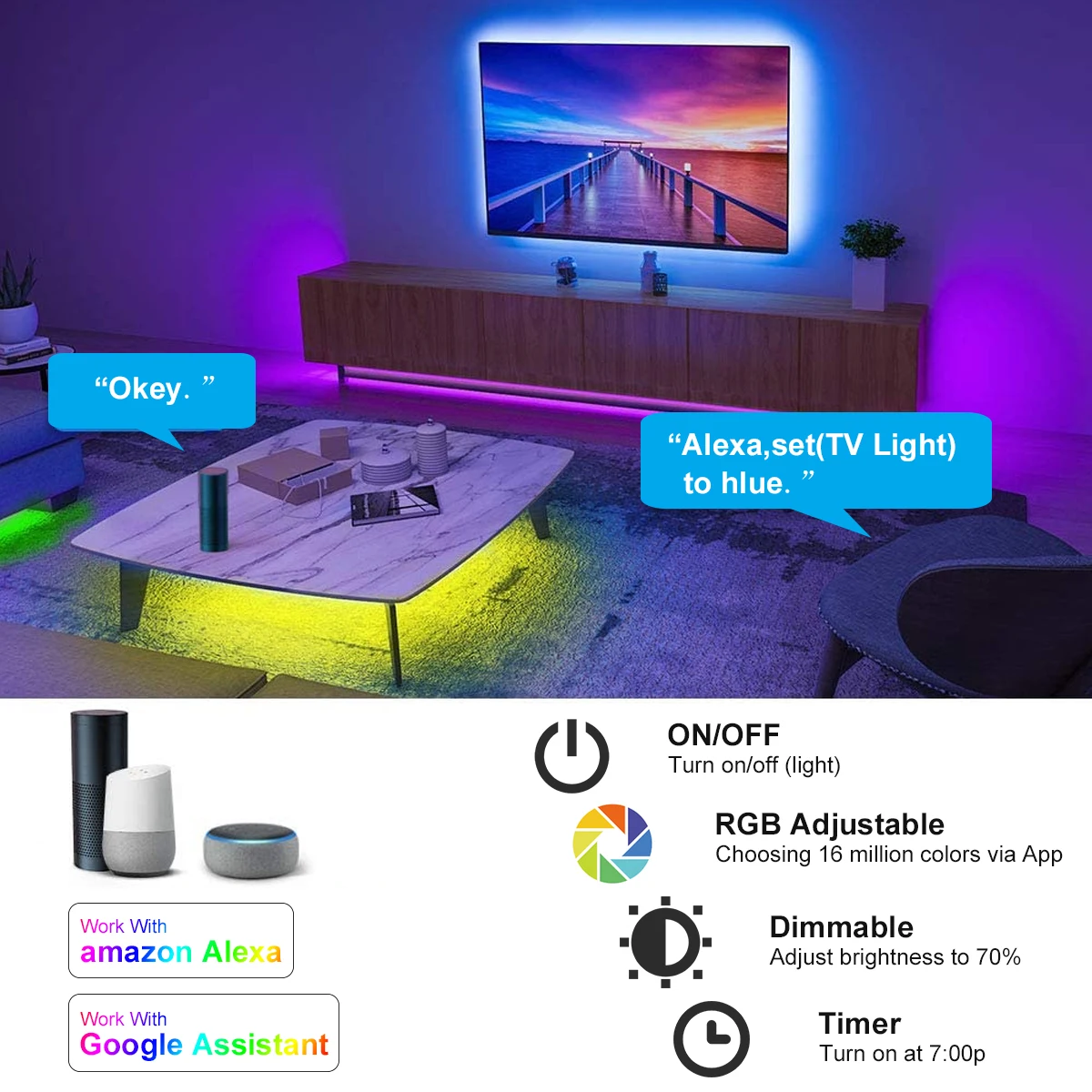 Smart WiFi LED Strip Lights 5050 RGB LED Music Light Strip Waterproof App Control Remote Compatible with Alexa Google Home 
Smart WiFi LED Strip Lights 5050 RGB LED Music Light Strip Waterproof App Control Remote Compatible with Alexa Google Home