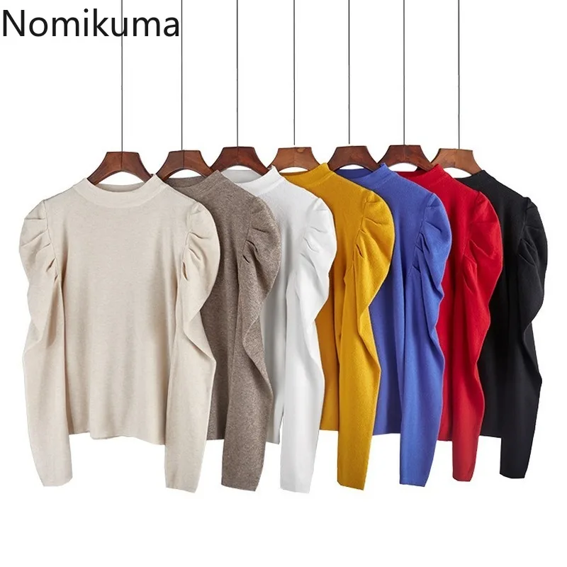 Nomikuma Korean Style O Neck Puff Sleeve Pullover Jumper Women Solid Color Casual Fashion Sweater Female All-match Tops 3c573 | Женская