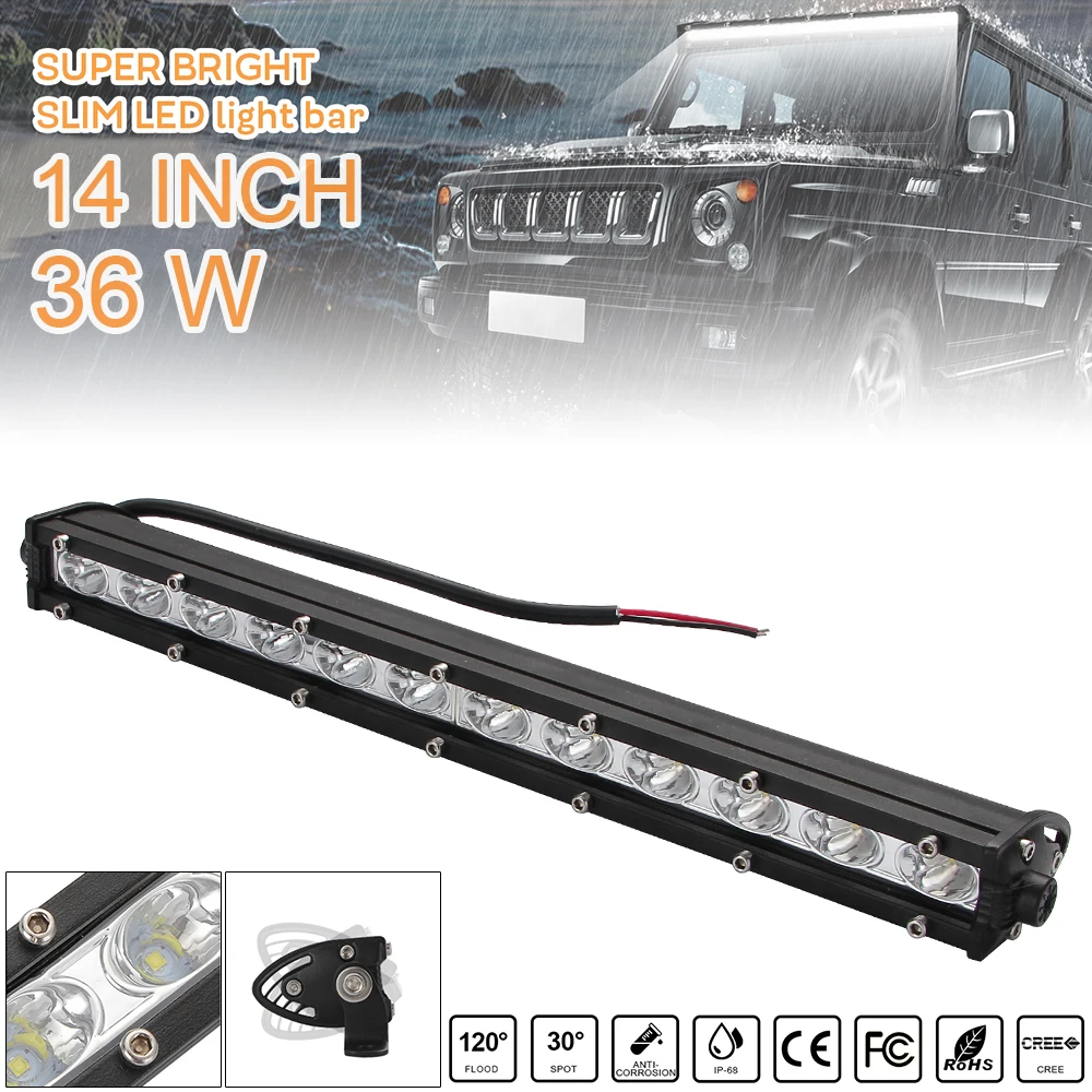 

14 Inch 36W 12 LED Strip Lights Bar DC 9-30V Single Row Off Road 1800LM 6000K Led White Light for Jeeps / SUV / Motorcycles