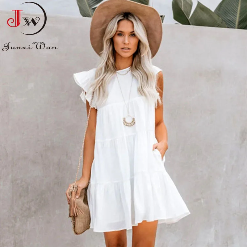 Women Summer Dress 2022 Fashion Solid White Black Sleeveless O-Neck Ruffles Loose Casual Beach Mini Dress
Women Summer Dress 2022 Fashion Solid White Black Sleeveless O-Neck Ruffles Loose Casual Beach Mini Dress
