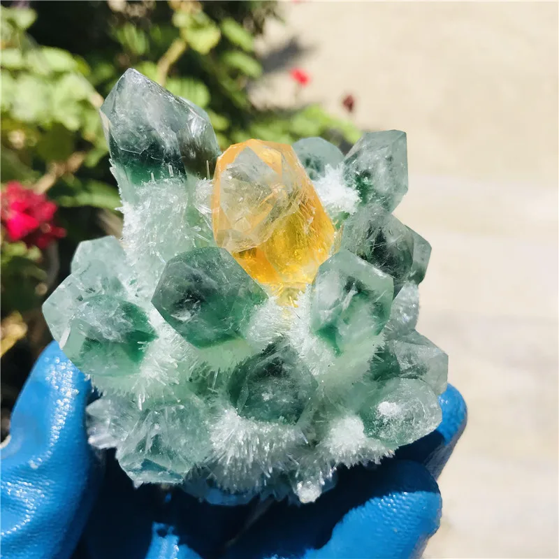 Quartz cluster natural green ghost crystal cluster Inlaid with yellow mineral specimen healing
Quartz cluster natural green ghost crystal cluster Inlaid with yellow mineral specimen healing