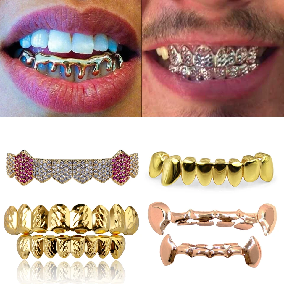 

Gold Punk Hip Hop Up and Bottom Teeth Grillz Dental Mouth Fang Grills Braces Vampire Tooth Cap Cosplay Party Rapper Jewelry