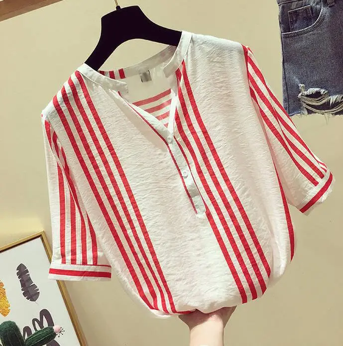 New Summer Women Shirt Plus Size Short Sleeve Loose Casual V-neck Ladies Tops Vertical Striped Blouses Big Size S-5XL
New Summer Women Shirt Plus Size Short Sleeve Loose Casual V-neck Ladies Tops Vertical Striped Blouses Big Size S-5XL