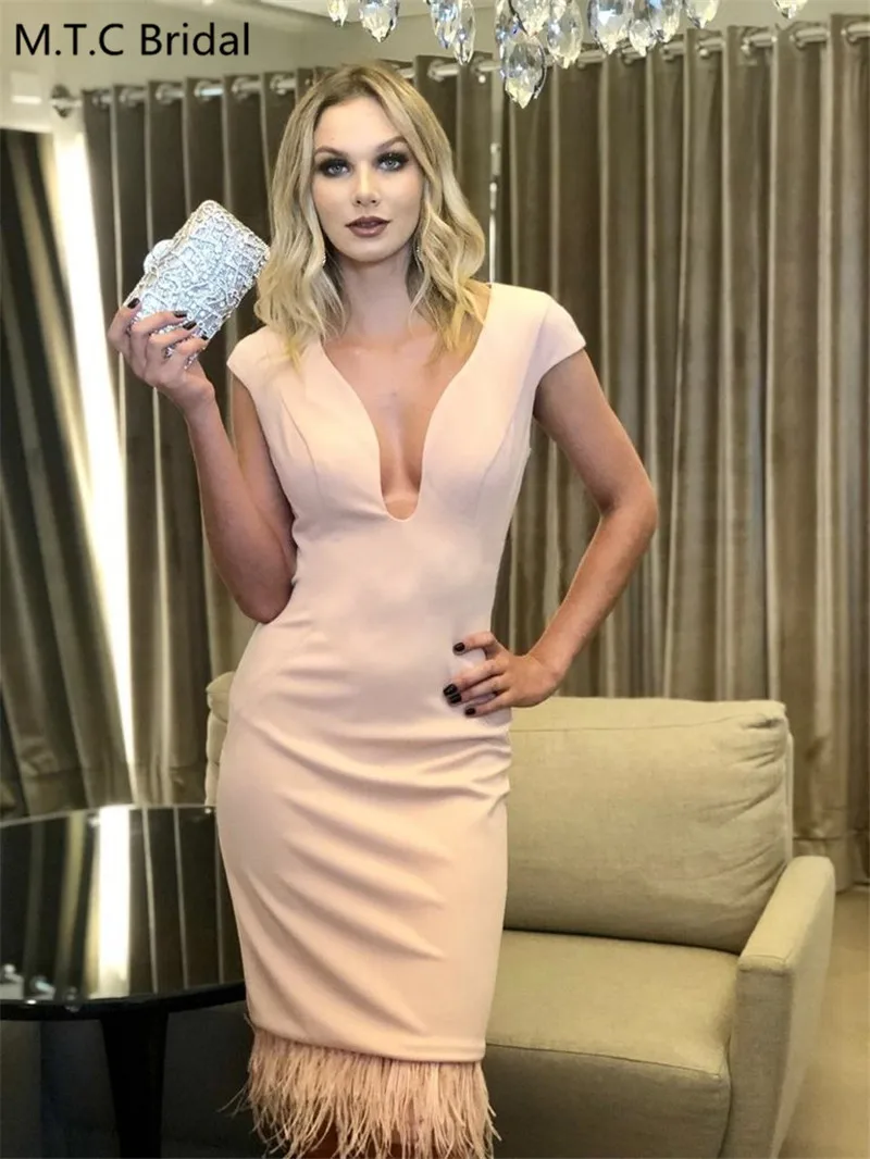 Elegant Blush Short Prom Dresses Backless Sheath Elastic Satin Plus Size Wedding Party Dress With Feathers Robe De Soiree
Elegant Blush Short Prom Dresses Backless Sheath Elastic Satin Plus Size Wedding Party Dress With Feathers Robe De Soiree