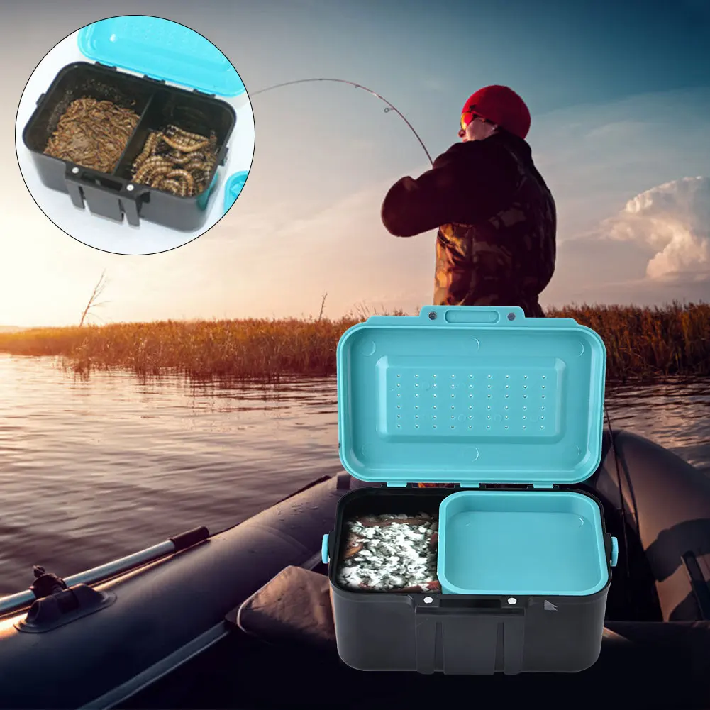 

Portable Fishing Live Bait Box ABS Inter Layer Outdoor Lure Worm Storage Case Breathable Hole Live Bait Container With Tweezers