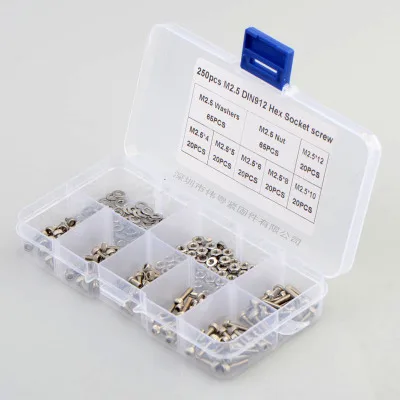 250pcs M2.5 stainless steel 304 cup head hexagon socket screw with nut and flat washer set
250pcs M2.5 stainless steel 304 cup head hexagon socket screw with nut and flat washer set