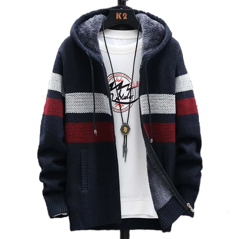 Coat 2021 Sweater Men's Thick Striped Fleece Warm Zipper Wool Hooded Cardigan Jumpers Men Long Sleeve Knitted Sweaters Hombre
Coat 2021 Sweater Men's Thick Striped Fleece Warm Zipper Wool Hooded Cardigan Jumpers Men Long Sleeve Knitted Sweaters Hombre