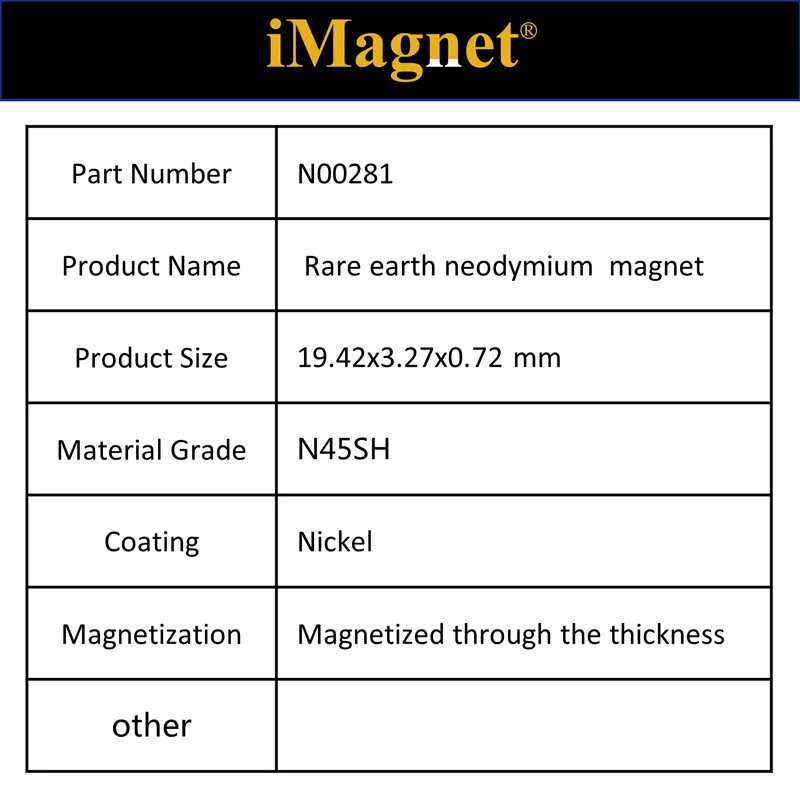 N00281 20/100/200pcs N45SH Block Rare Earth Neodymium Magnet,19.42x3.27x0.72mm,Cuboid Ndfeb Magnet ,Fridge N45SH 
N00281 20/100/200pcs N45SH Block Rare Earth Neodymium Magnet,19.42x3.27x0.72mm,Cuboid Ndfeb Magnet ,Fridge N45SH