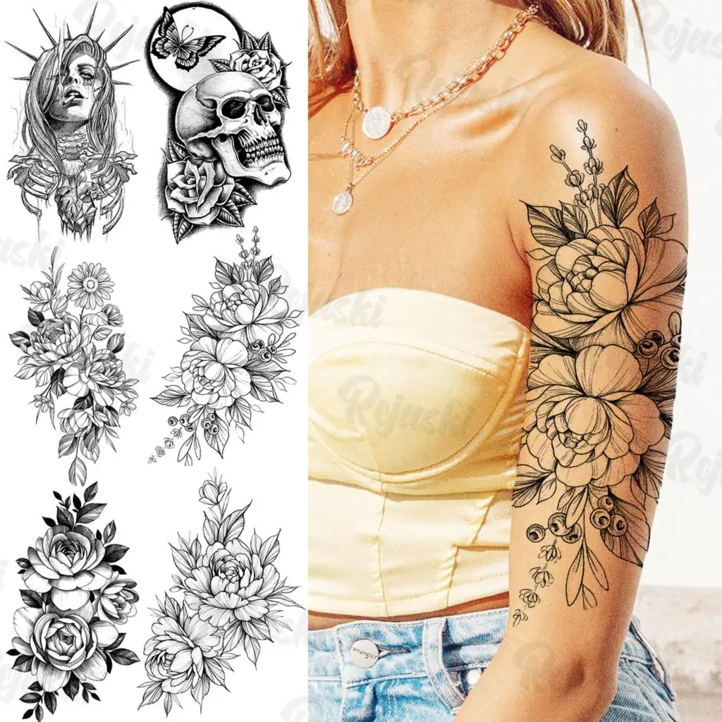 Временные татуировки с большими пионами для женщин, реалистичные черепы для взрослых, Подсолнухи вампира, водонепроницаемые искусственные... 
Временные татуировки с большими пионами для женщин, реалистичные черепы для взрослых, Подсолнухи вампира, водонепроницаемые искусственные...