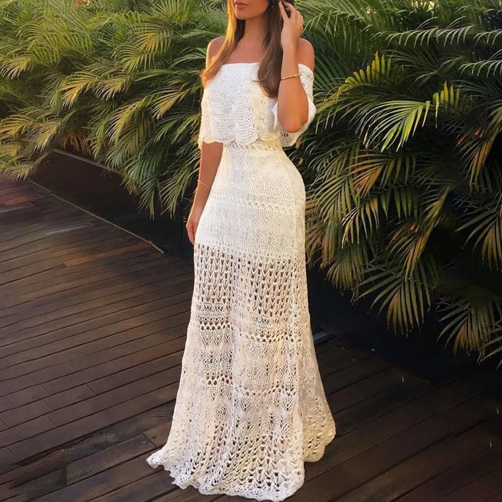 Pure White Long Maxi Dress Elegant See Through Lace Hollow Vocation Holiday Dresses Strapless Sexy Women Party Vestidos Robes
Pure White Long Maxi Dress Elegant See Through Lace Hollow Vocation Holiday Dresses Strapless Sexy Women Party Vestidos Robes