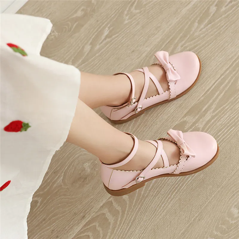 

YQBTDL 2020 Summer Princess Style Young Lady Low Heel Lolita Shoes Cute Pink Black Beige Bowtie Cross Strap Mary Jane Pumps Shoe