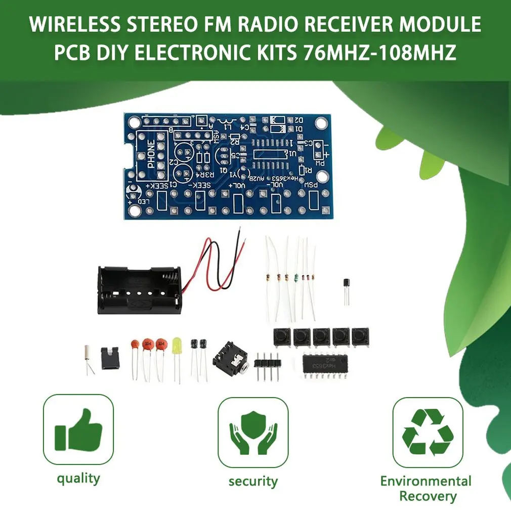 Wireless Stereo FM Radio Receiver Module PCB DIY Electronic Kits 76MHz-108MHz Environmentally friendly materials
Wireless Stereo FM Radio Receiver Module PCB DIY Electronic Kits 76MHz-108MHz Environmentally friendly materials