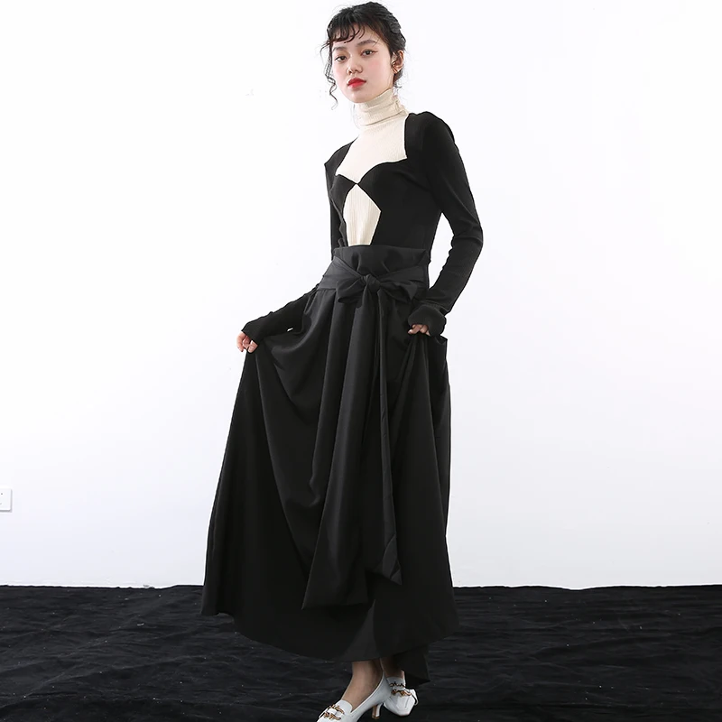 

[EAM] High Waist Black Brief Bandage Bow Spliced Long Half-body Skirt Women Fashion Tide New Spring Autumn 2021 1DB18101