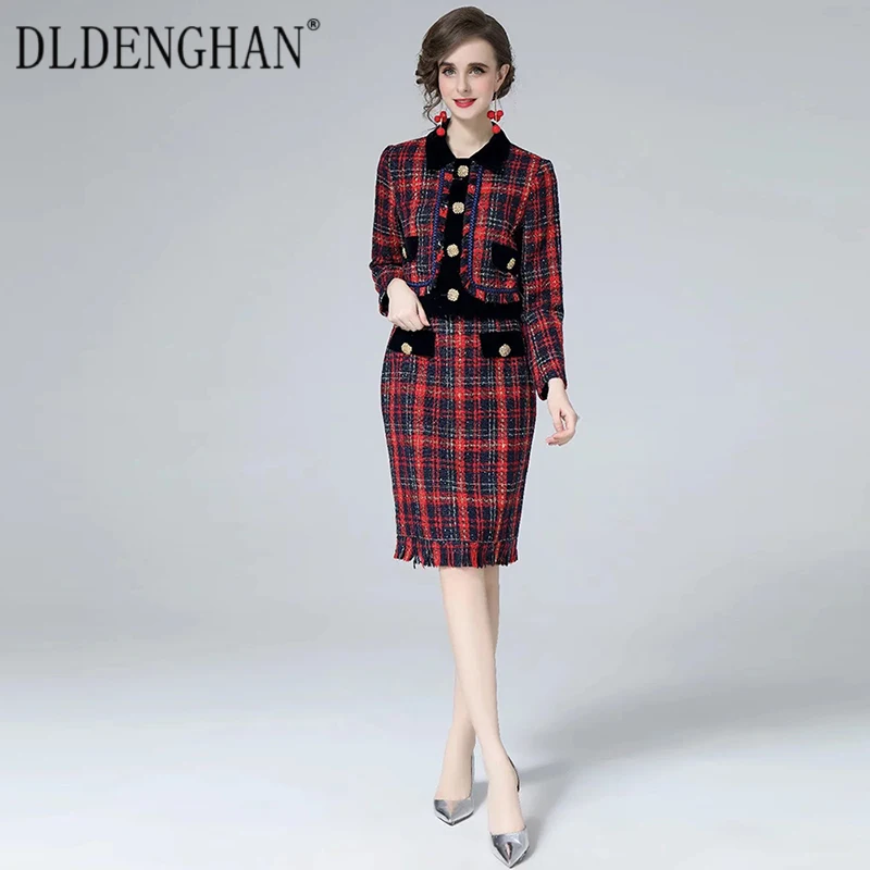 DLDENGHAN Fashion Runway Designer Autumn Plaid Tweed Set Women Single Breasted Short Jacket + Tassel Pencil Skirt Two-Piece Set
DLDENGHAN Fashion Runway Designer Autumn Plaid Tweed Set Women Single Breasted Short Jacket + Tassel Pencil Skirt Two-Piece Set