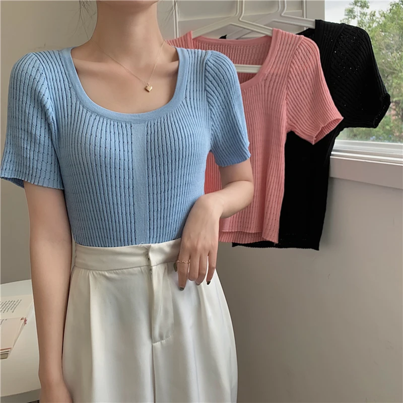 Summer Women's knitted Sweater Short Sleeves Solid O-neck Top Short Stylish Casual Pullover Sweaters Black Slim Female Clothes
Summer Women's knitted Sweater Short Sleeves Solid O-neck Top Short Stylish Casual Pullover Sweaters Black Slim Female Clothes