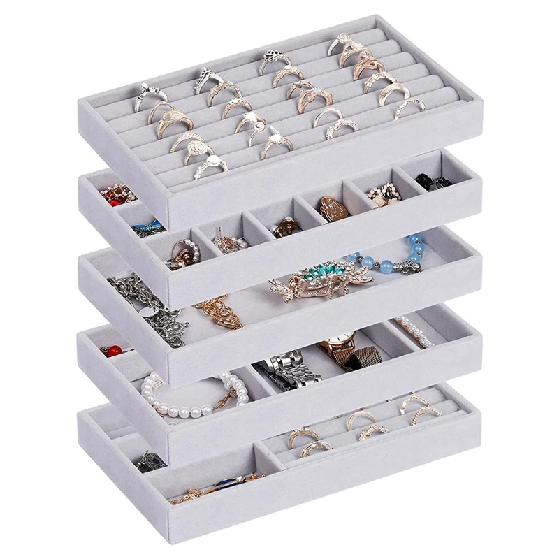 Jewelry Organizer Tray, 5 Pcs Stackable Velvet Jewelry Organizer for Drawer, Jewelry Storage Display Trays Showcase
Jewelry Organizer Tray, 5 Pcs Stackable Velvet Jewelry Organizer for Drawer, Jewelry Storage Display Trays Showcase