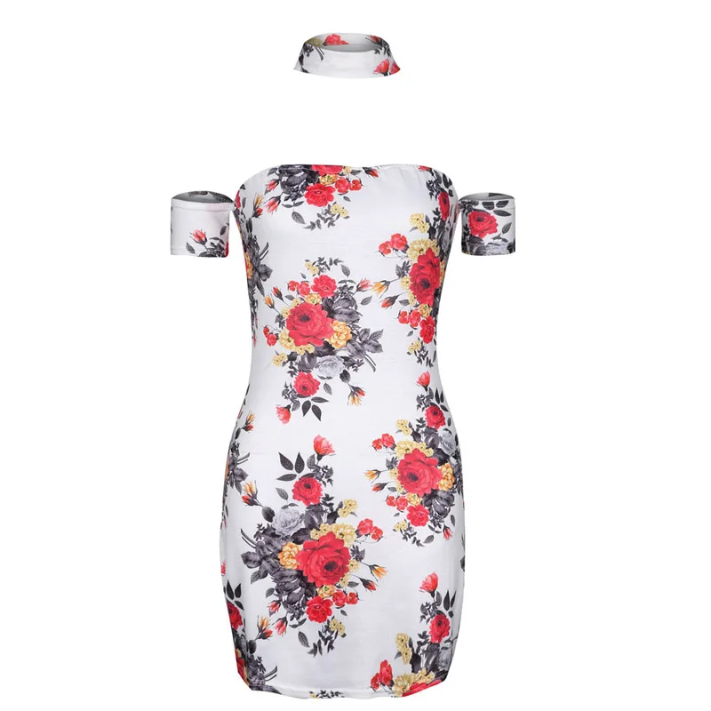 Women Strapless Floral Print Off Shoulder Halter Mini Pencil Sxey Dress Elegant Bodycon White Dress