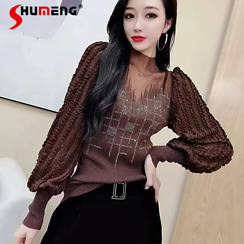 2021 Autumn Winter New Lace Hollow-out Stitching Knitted Tshirt Women Lantern Long Sleeve Half Turtleneck Rhinestone Sweater Top
2021 Autumn Winter New Lace Hollow-out Stitching Knitted Tshirt Women Lantern Long Sleeve Half Turtleneck Rhinestone Sweater Top