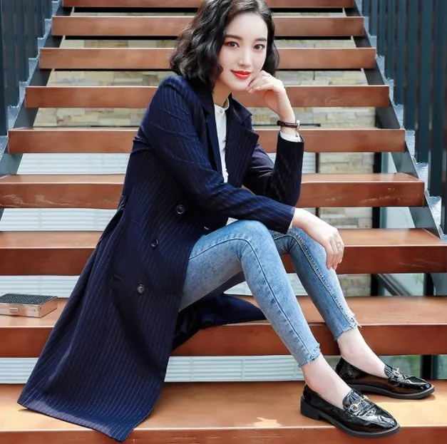 Women Blue Blazer Double Breasted Long Sleeve Striped Trench Coat Female Office Wear Outerwear Tops Plus Size Long Blazers Belt
Women Blue Blazer Double Breasted Long Sleeve Striped Trench Coat Female Office Wear Outerwear Tops Plus Size Long Blazers Belt