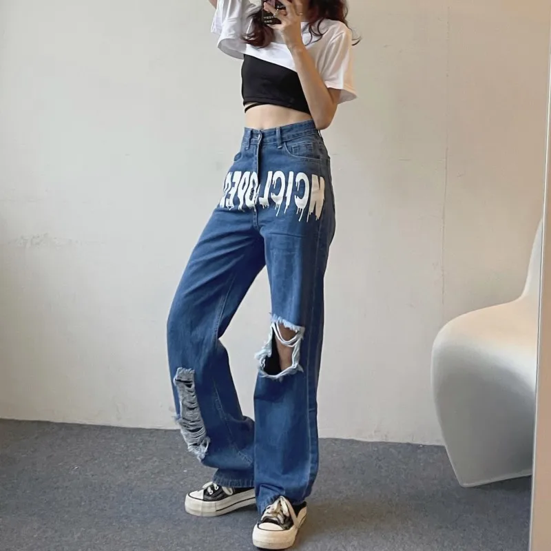Y2k Vintage Letter Print Casual Loose Hole Ripped Jeans For Women Streetwear High Wasit Jean Trousers Blue Denim Pants Wide Leg
Y2k Vintage Letter Print Casual Loose Hole Ripped Jeans For Women Streetwear High Wasit Jean Trousers Blue Denim Pants Wide Leg