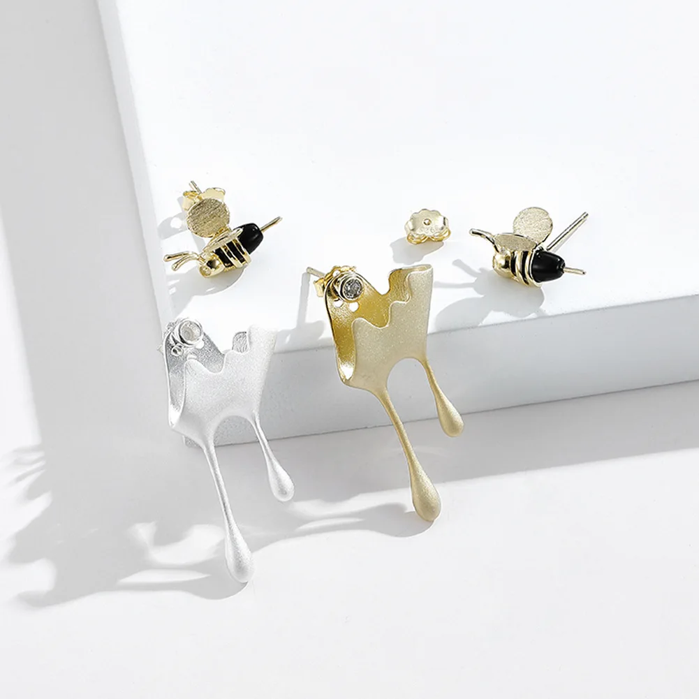 

Fine Jewelry Real 925 Sterling Silver Handmade 18K Gold Bee and Dripping Honey Asymmetric Stud Earrings for Women Trendy Gift