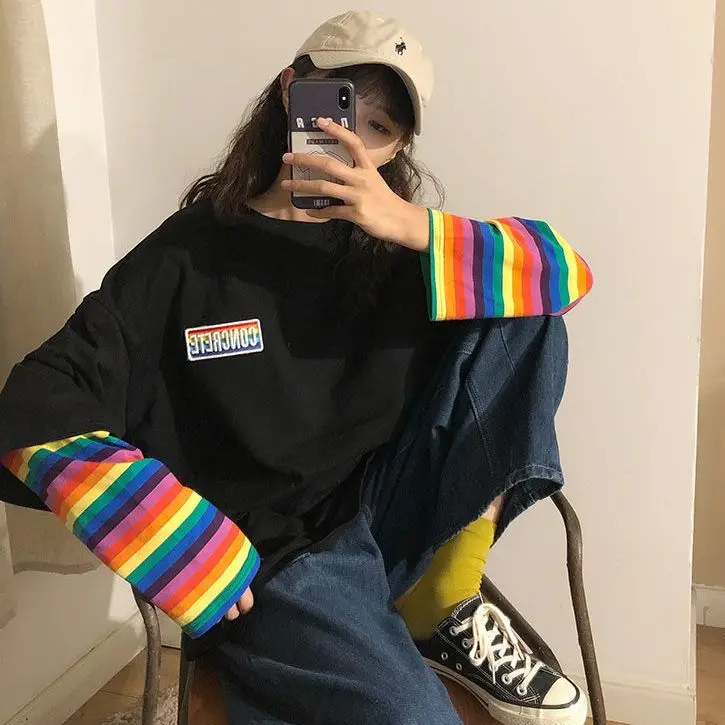 Rainbow Sleeve Harajuku T-Shirt Women'S Stitching Long Sleeve T-Shirt Stripe Printing O-Neck Chic Tops 2022 Summer Streetwear
Rainbow Sleeve Harajuku T-Shirt Women'S Stitching Long Sleeve T-Shirt Stripe Printing O-Neck Chic Tops 2022 Summer Streetwear