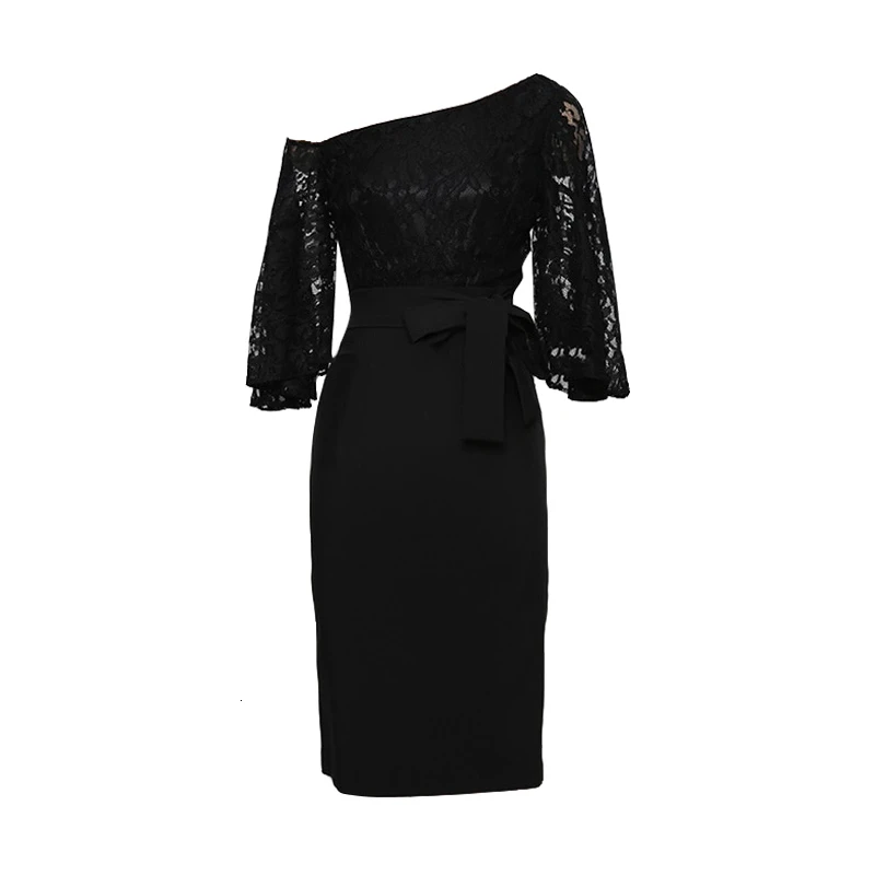 Foamlina Sexy Black Floral Lace Bodycon Dress Women Fashion Autumn One Shoulder Flare Sleeve Sashes Knee Length Party Dresses
Foamlina Sexy Black Floral Lace Bodycon Dress Women Fashion Autumn One Shoulder Flare Sleeve Sashes Knee Length Party Dresses