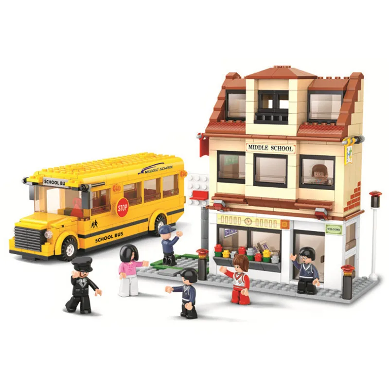 

Город школьный автобус SLuban, 487 шт., обучающая игрушка, Детская Сборная модель автомобиля, строительные блоки, Минифигурки, игрушка, подарок д...