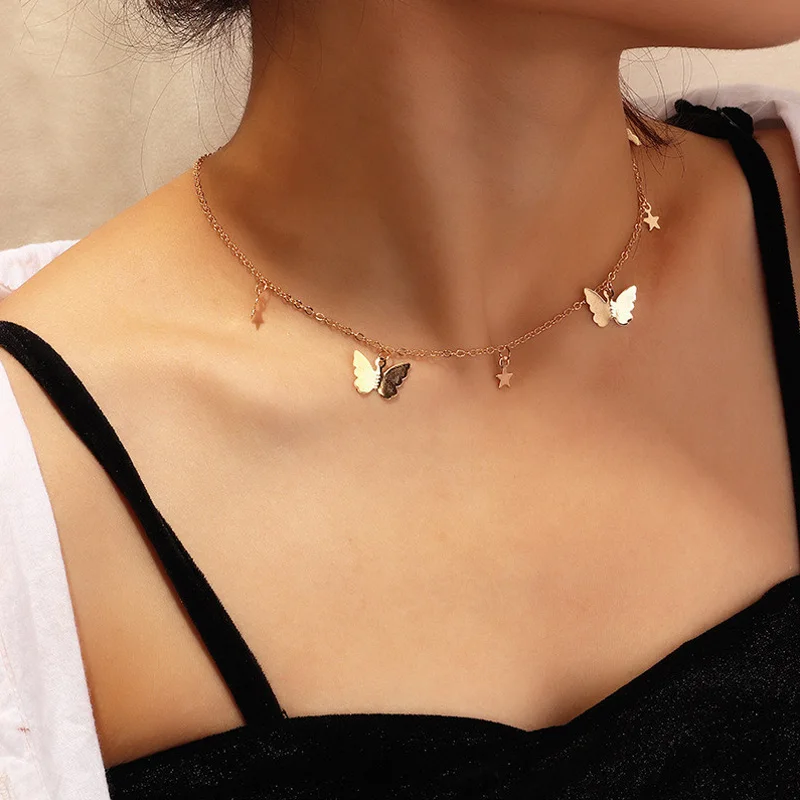 

Bohemian Cute Butterfly Stars Choker Necklace For Women Gold Silver Color Clavicle Chain 2020 Fashion Female Chocker Jewelry