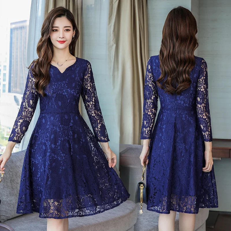 LUKAXSIKAX 2020 New Spring Autumn Women Long Sleeve Dress Plus Size Women Clothing High Quality Lace Dress M-5XL