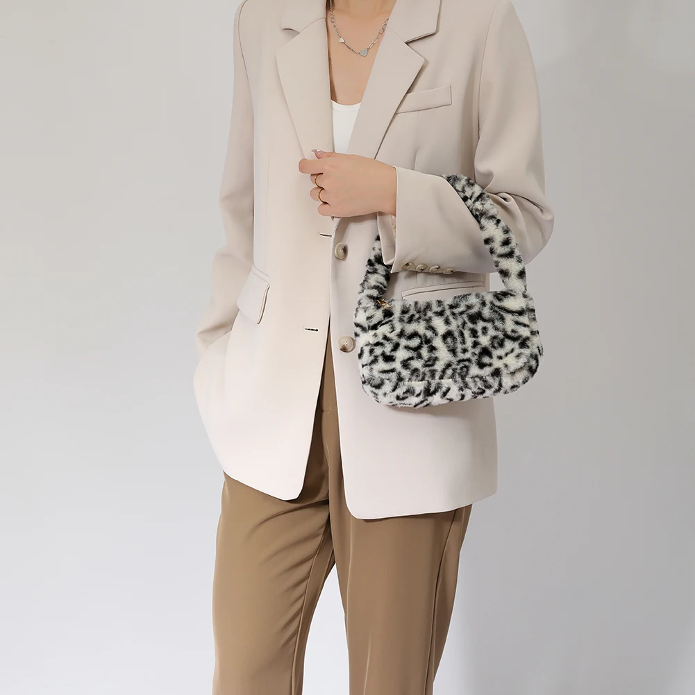 

Женская осенне-зимняя сумка с верхними ручками, плюшевая винтажная сумка для подмышек, модные сумки через плечо с вишневым леопардовым прин...