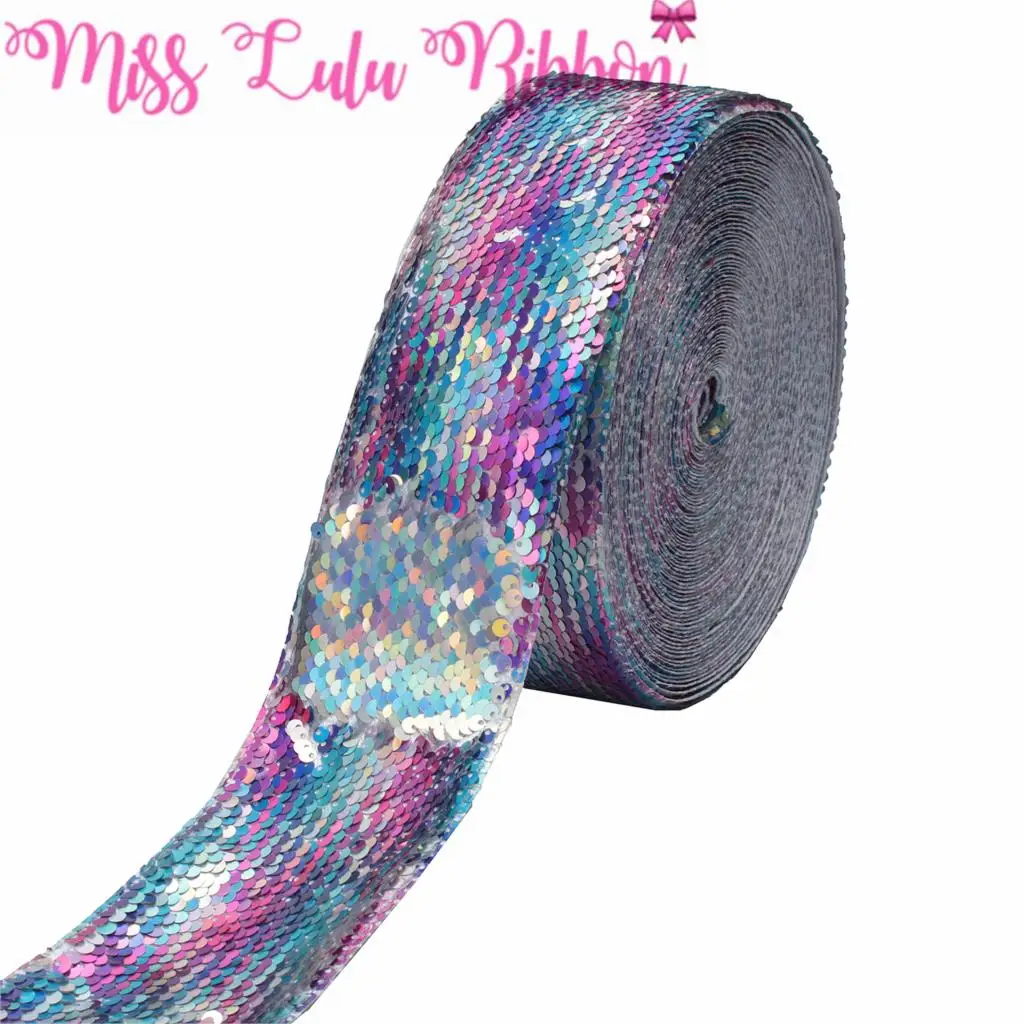 

3"75mm Double Color Reversible Sequin Ribbon Rainbow Hologram Silver DIY Wedding Party Gift Bowknots Solid in Stock 25yards/roll