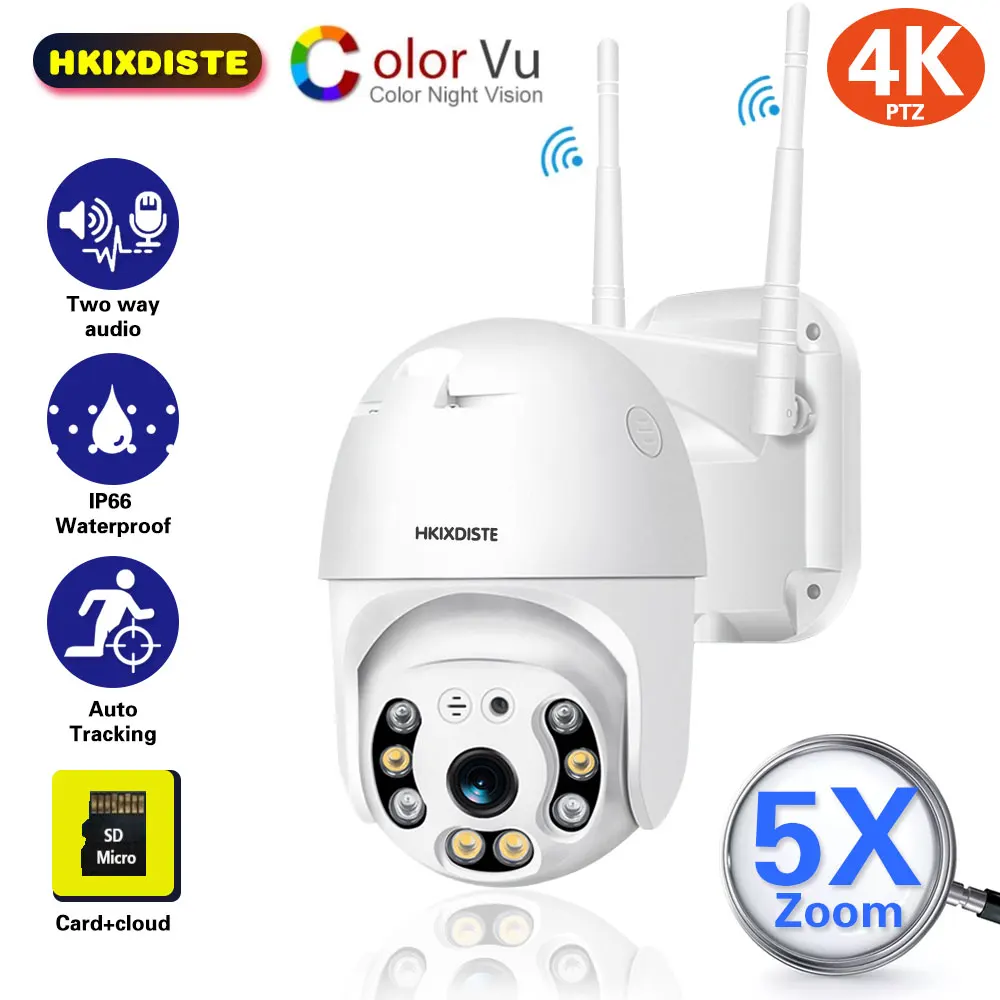 8MP 4K PTZ Wifi IP Camera Outdoor 5X Zoom Auto Tracking Wireless Security Camera P2P Color Night Vision Surveillance Cam H.265 
8MP 4K PTZ Wifi IP Camera Outdoor 5X Zoom Auto Tracking Wireless Security Camera P2P Color Night Vision Surveillance Cam H.265