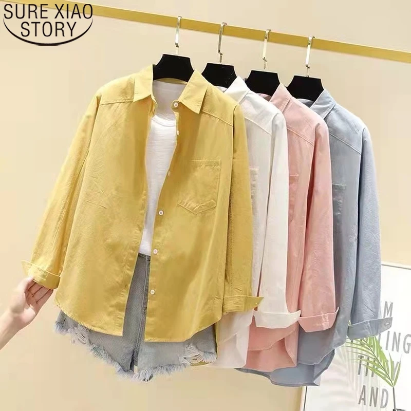 

Spring Autumn Korean Fashion Cotton Shirt Casual Loose Solid Tops Women Shirts Long Sleeve Blouse Pocket Button Clothes 18156