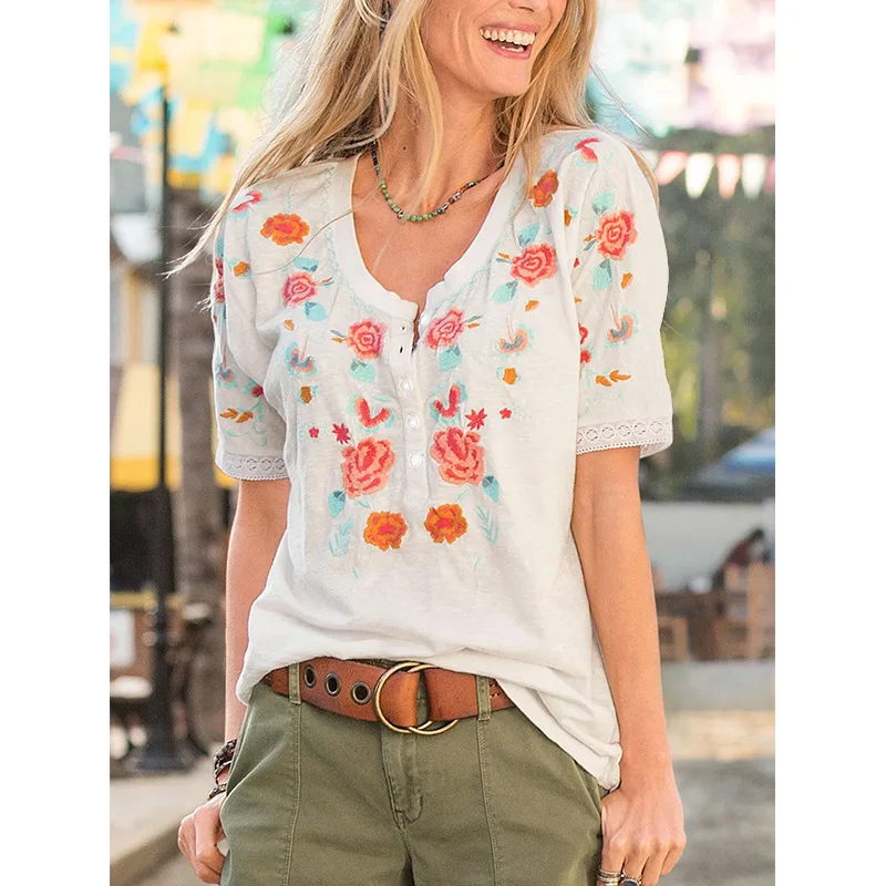 New Women's 2021 Summer Loose The Front Buttons Temperament Commuter Casual Embroidery Round Neck Vintage Short-Sleeved T-Shirt
New Women's 2021 Summer Loose The Front Buttons Temperament Commuter Casual Embroidery Round Neck Vintage Short-Sleeved T-Shirt